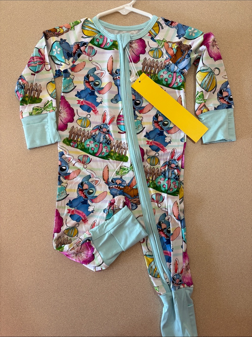 Bamboo Baby One-Piece Footed Pajamas with Blue Trim and Easter Stitch Print